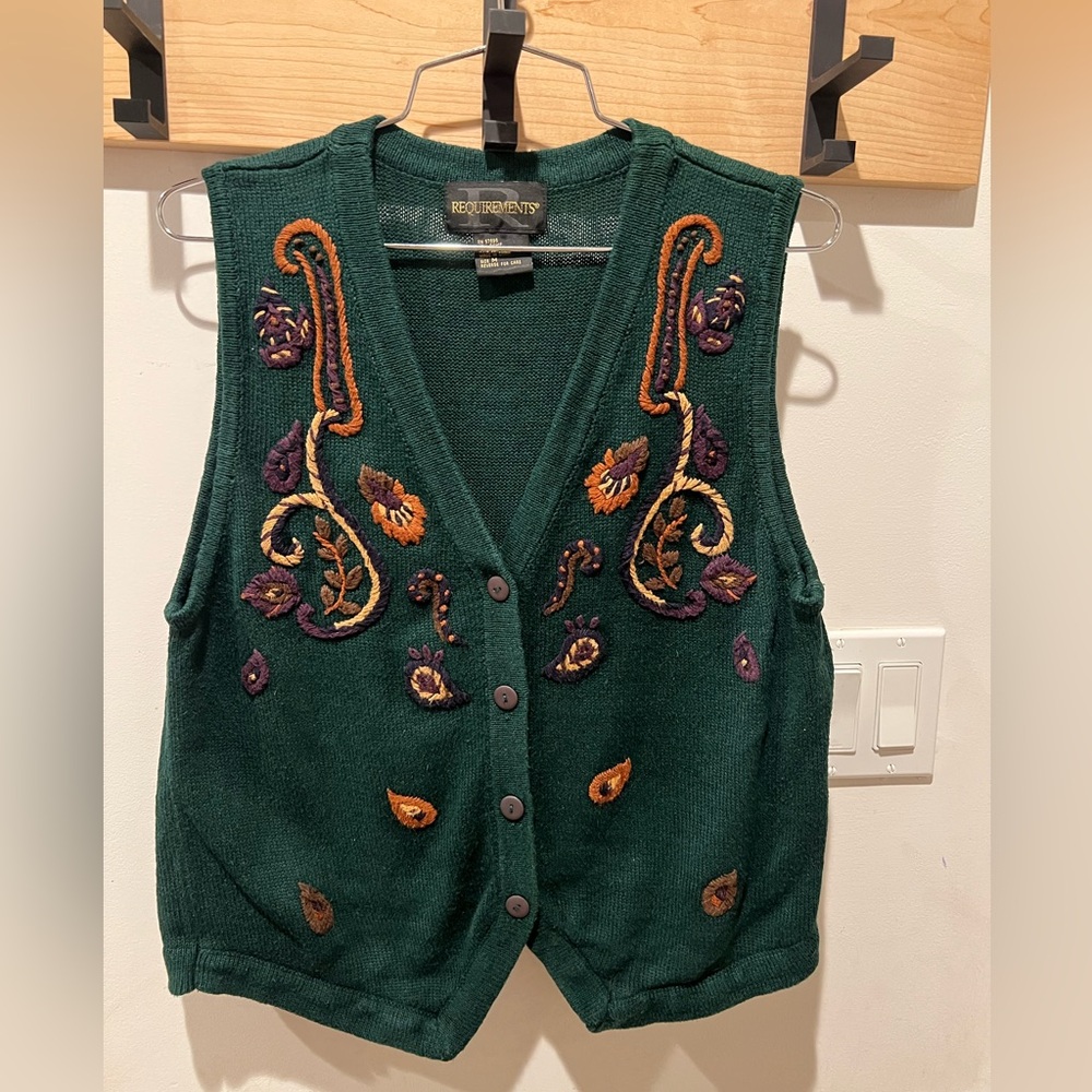 Vintage Requirements Embroidered Paisley Knit Vest Green Boho Medium